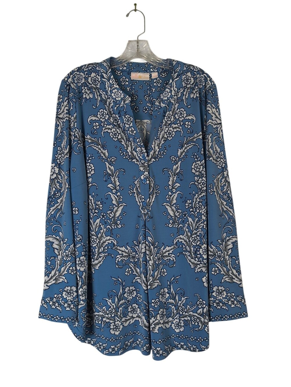 Belle By Kim Gravel Tunic Women's 1X Blue White Floral V-Neck Blouse Long Sleeve